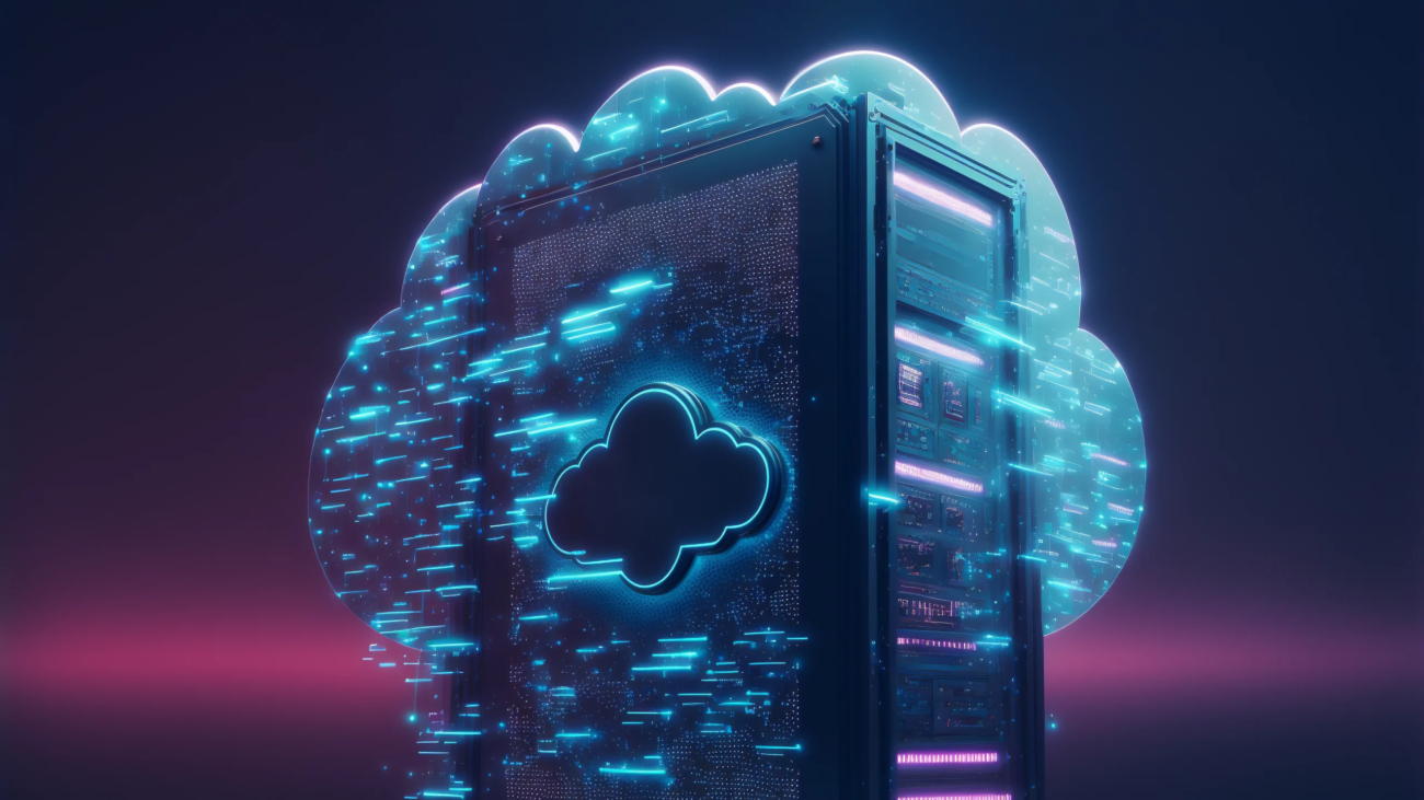 Neon-lit server integrated with cloud icon