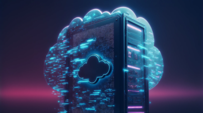 Neon-lit server integrated with cloud icon